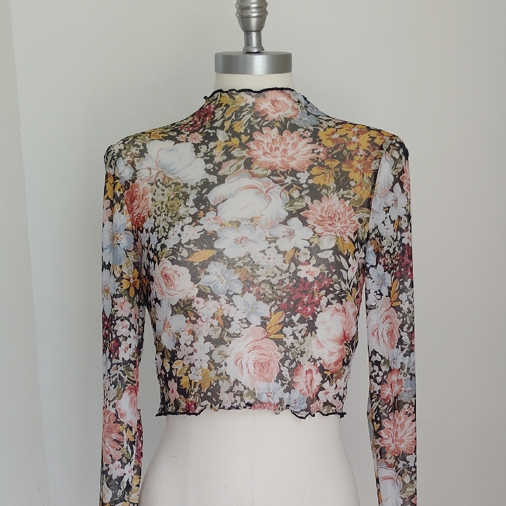 Scrap Work Boutique Womens Sheer Mesh Floral Fitted M Crop Top Fairy Whimsy Y2K
